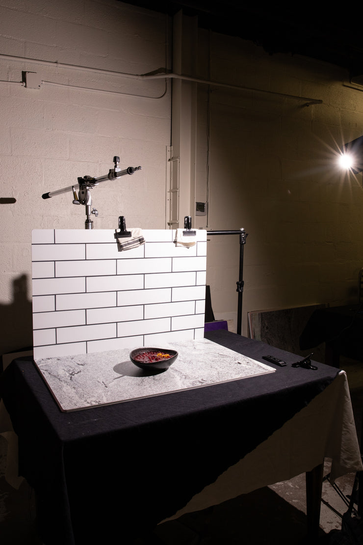 Bessie Bakes Super-Thin White Subway Tile with Black Grout Replicated Photography Backdrop 2 Feet Wide x 3 Feet Long
