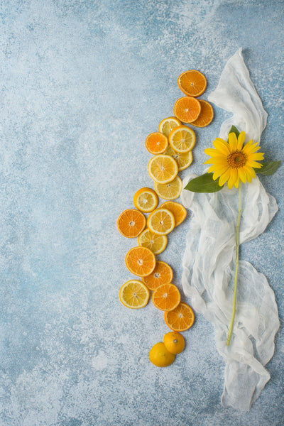 Blue Stone Photography Backdrop 2 ft x 3ft board with oranges and lemons