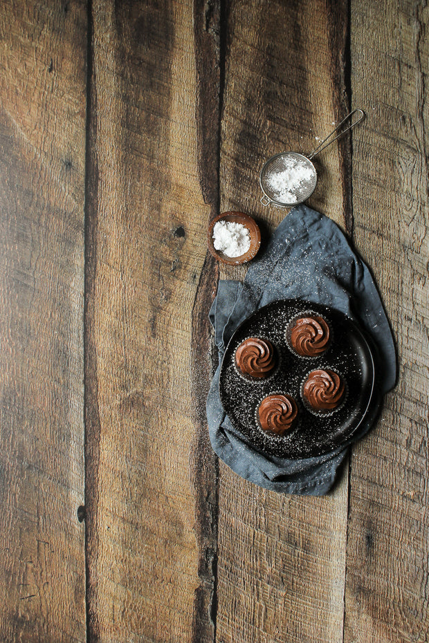 Dark Brown Reclaimed Barn Wood Replica Photography Backdrop 2 ft x 3ft with chocolate cupcakes