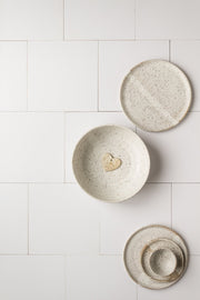 White Pottery plates and bowls on a Super-Thin & Pliable Creamy White Tile Replica Photography Backdrop