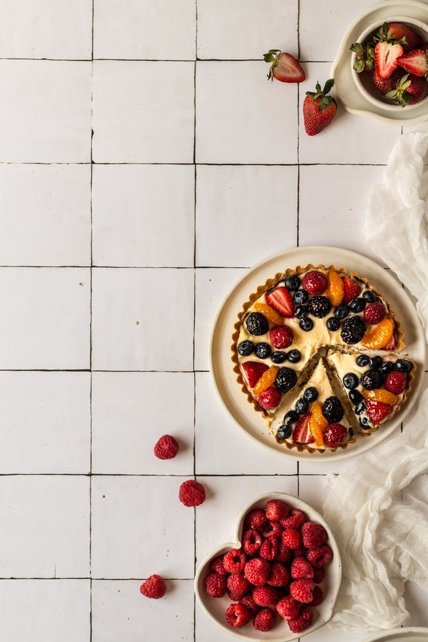 Berry Fruit tart with raspberries on a Moroccan Tile Replica Photography Backdrop 