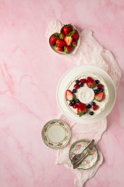 Pink Marble Photography Backdrop 2 ft x 3 ft board | 3 mm thick, Lightweight, Moisture & Stain-Resistant with chantilly cake and berries