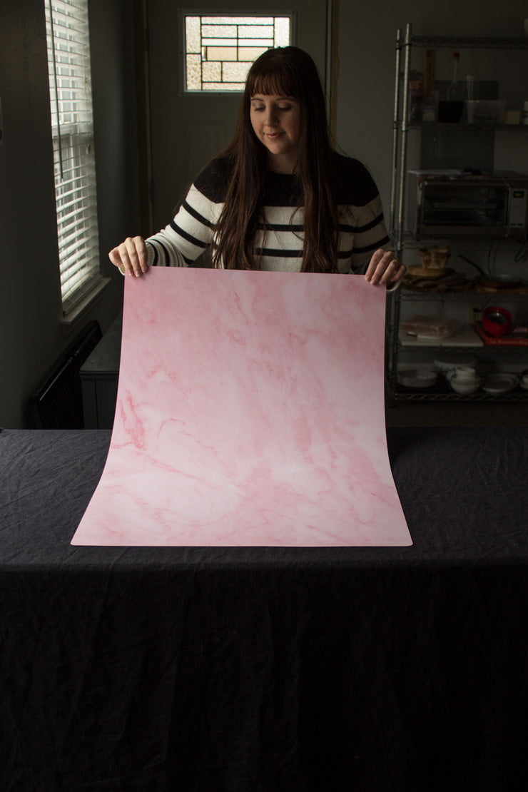 Super-Thin & Pliable Pink Marble Photography Backdrop 2 ft x 3 ft, Lightweight, Moisture & Stain-Resistant behind the scenes