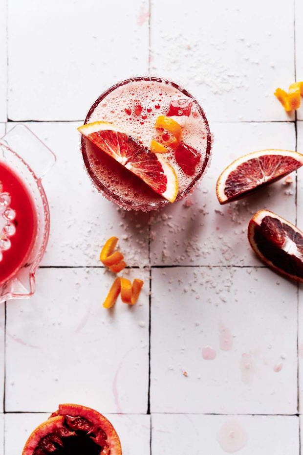 Red Moroccan drink with blood oranges on Moroccan Tile Replica Photography Backdrop 