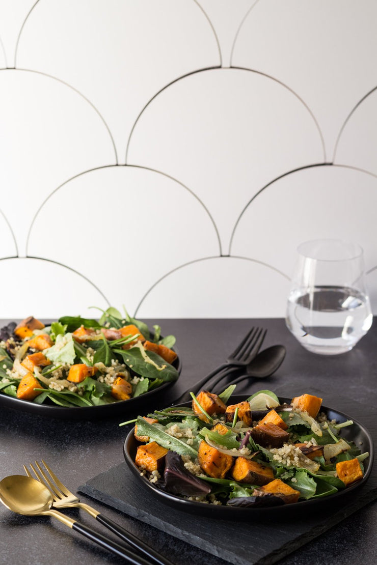 Green salads with butternut squash with a Super-thin & pliable scalloped tile photography backdrop