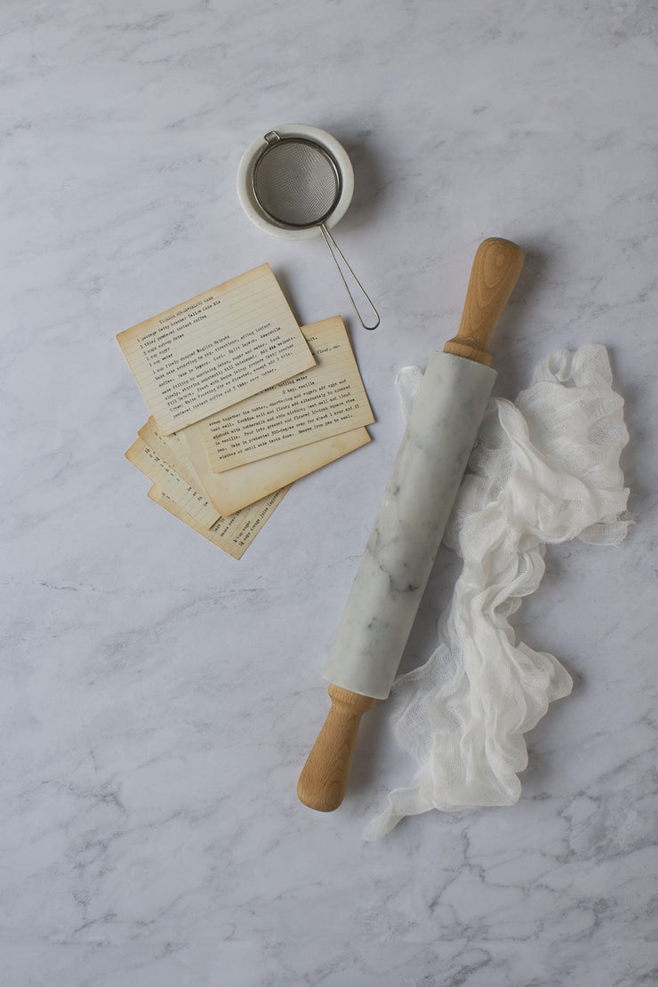 Subtle Gray Marble Backdrop Board for Photography 2 ft x 3ft size with a rolling pin and recipe cards