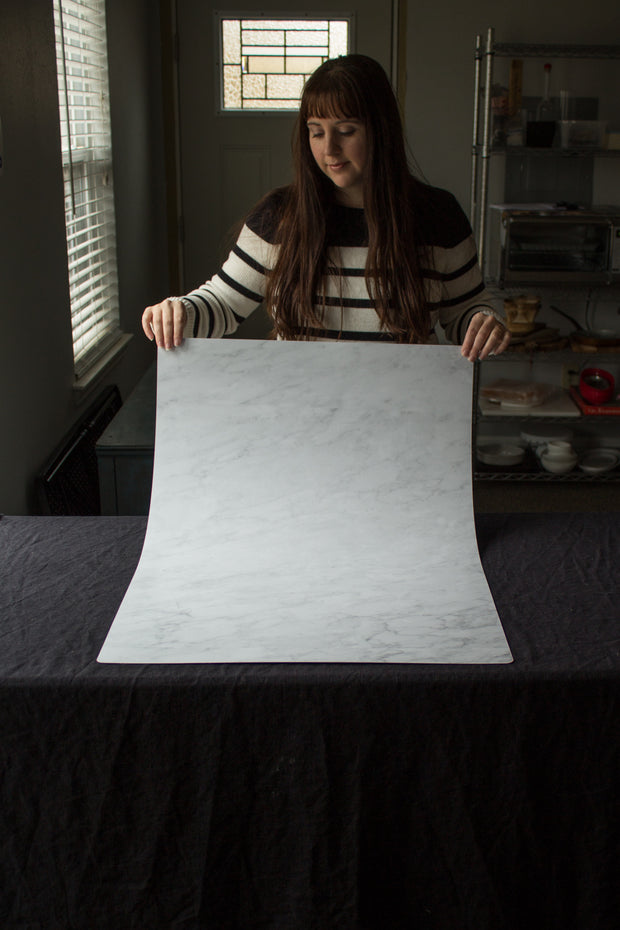 Super-Thin & Pliable Subtle Gray Marble Backdrop Board for Photography 2 ft x 3ft, Lightweight, Moisture & Stain-Resistant behind the scenes