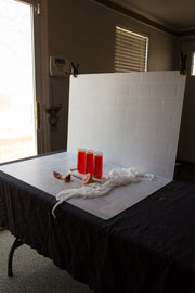 Subway Tile with White Grout Photography Backdrop behind the scenes with red drinks