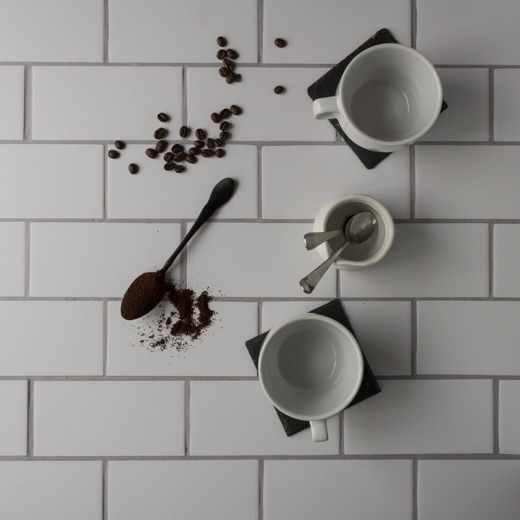 20-inch x 20-inch The Most Realistic Subway Tile Photography Backdrop 3 mm thick Physical Board, Lightweight, Moisture & Stain-Resistant with coffee cups and spoons