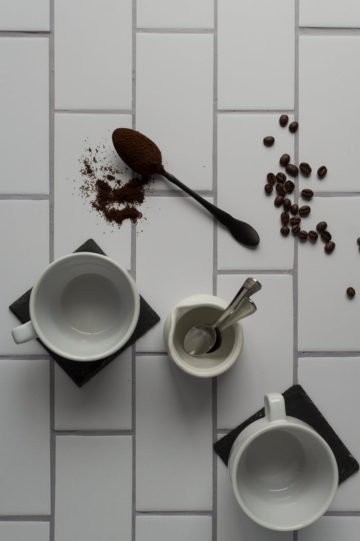 20-inch x 20-inch The Most Realistic Subway Tile Photography Backdrop 3 mm thick Physical Board, Lightweight, Moisture & Stain-Resistant with coffee cups, coffee beans and coffee grinds