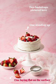 Super-Thin & Pliable Pink Marble Photography Backdrop 2 ft x 3 ft, Lightweight, Moisture & Stain-Resistant with a chantilly cake on a cake stand